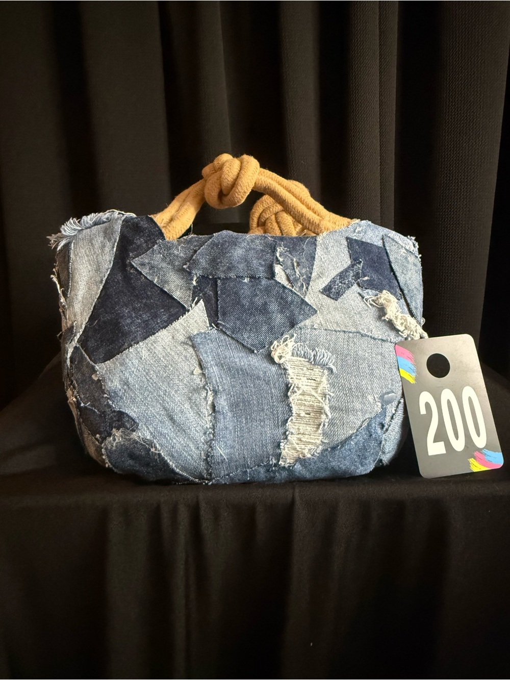 Patchwork Denim Mini Bag with Mustard Rope Handles